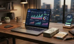 A freelancer mastering high paying AI skills to make money online for free with stacks of cash on desk.