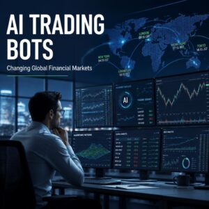 AI trading bots analyzing global financial markets on computer screens