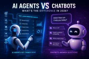 AI Agents vs Chatbots comparison showing AI agents completing tasks and chatbots answering questions