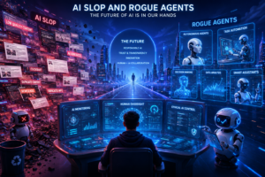 AI Slop and Rogue Agents showing low-quality AI content, autonomous AI agents, and human oversight in a futuristic digital environment
