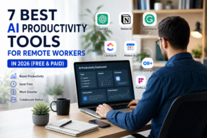 Best AI productivity tools for remote workers in 2026 including ChatGPT, Notion AI, Grammarly, ClickUp AI, Motion AI, Otter.ai, and Fireflies.ai.