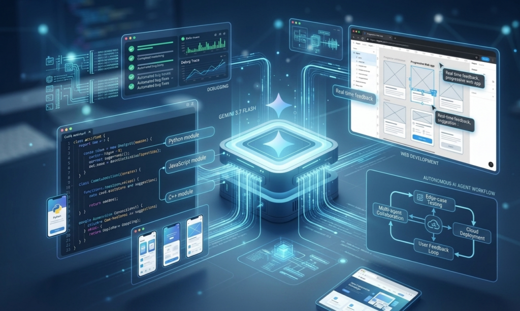 Google Gemini 3.7 Flash AI core interface connected to futuristic coding, web development wireframes, and autonomous AI agent workflows with modern dark blue and cyan technology aesthetic.