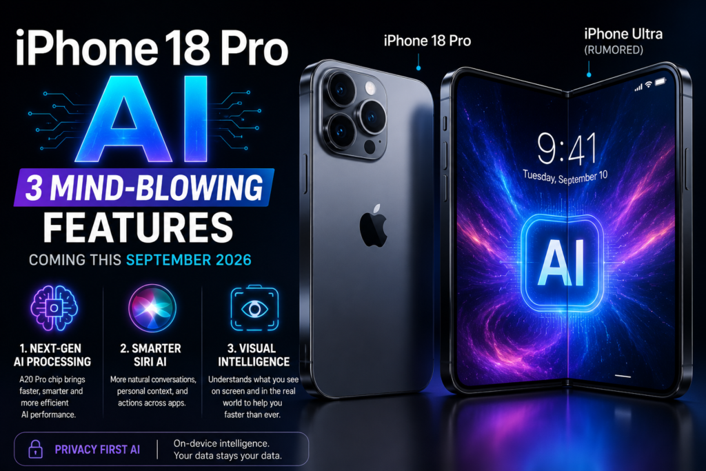 iPhone 18 Pro AI features shown on the display from a side view