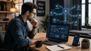 Young entrepreneur using AI agents to make money in 2026 with business automation workflows, productivity dashboards, and revenue analytics on a laptop.