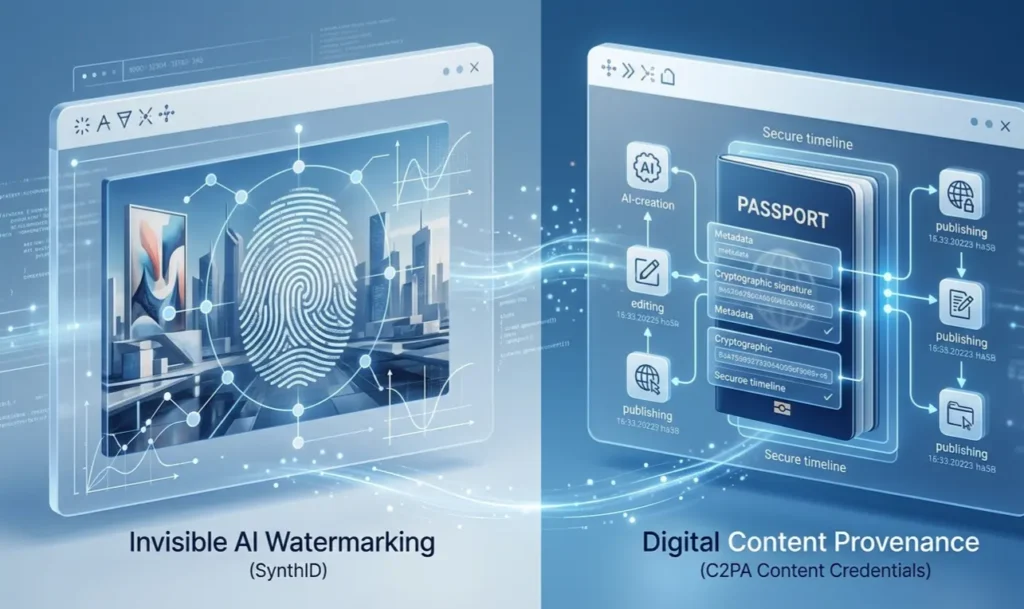 SynthID and C2PA showing AI watermark and content provenance
