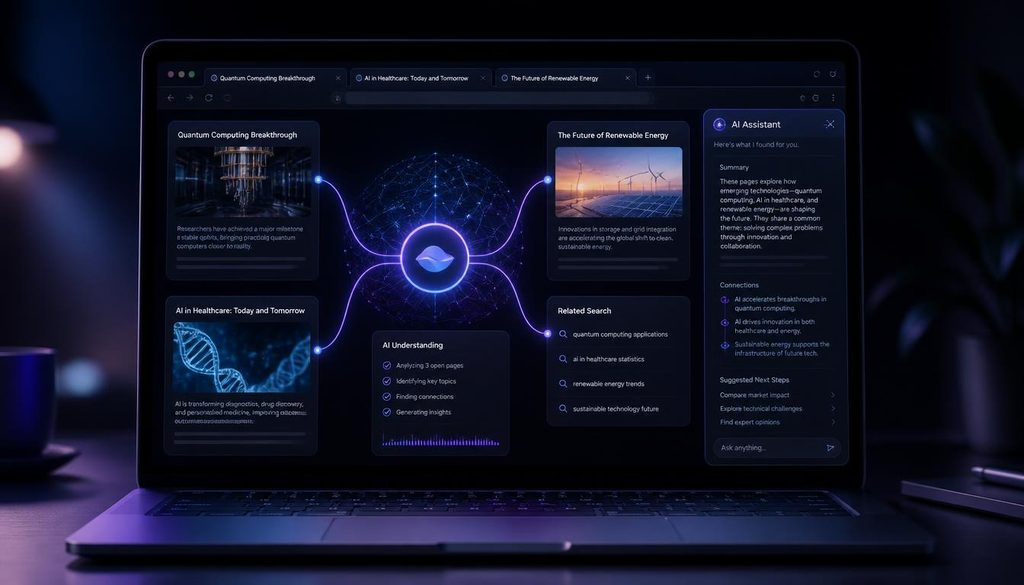 An AI browser can understand web content, connect information across pages, and assist users with online tasks.