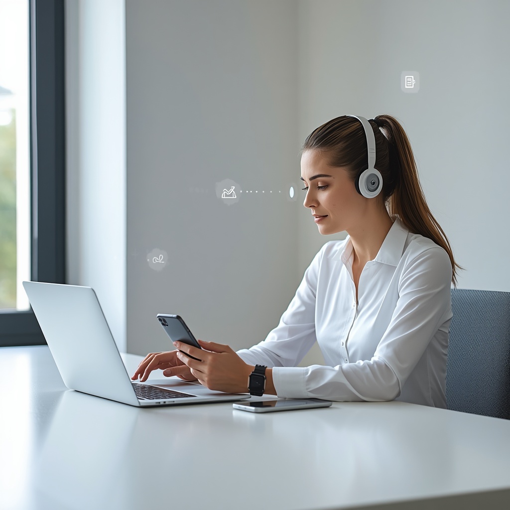 Professional using AI personal assistants on a laptop and smartphone in a modern workspace