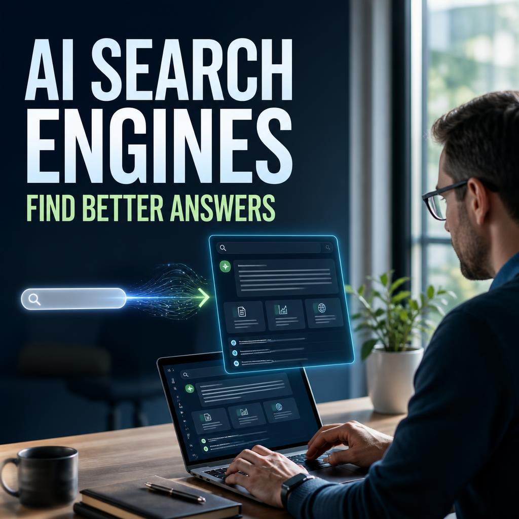 Person using AI search engines on a laptop in a modern workspace