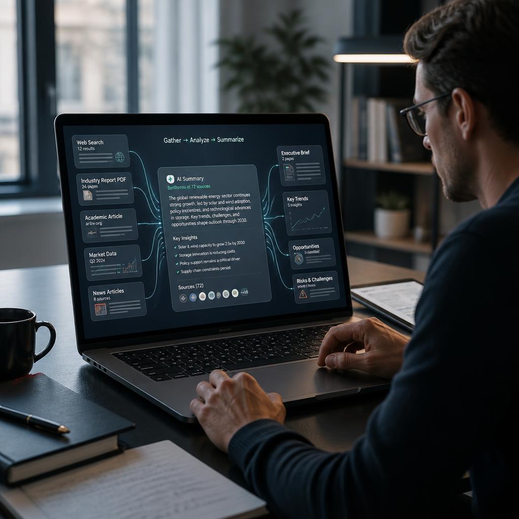Researcher using AI search tools to gather and summarize information
