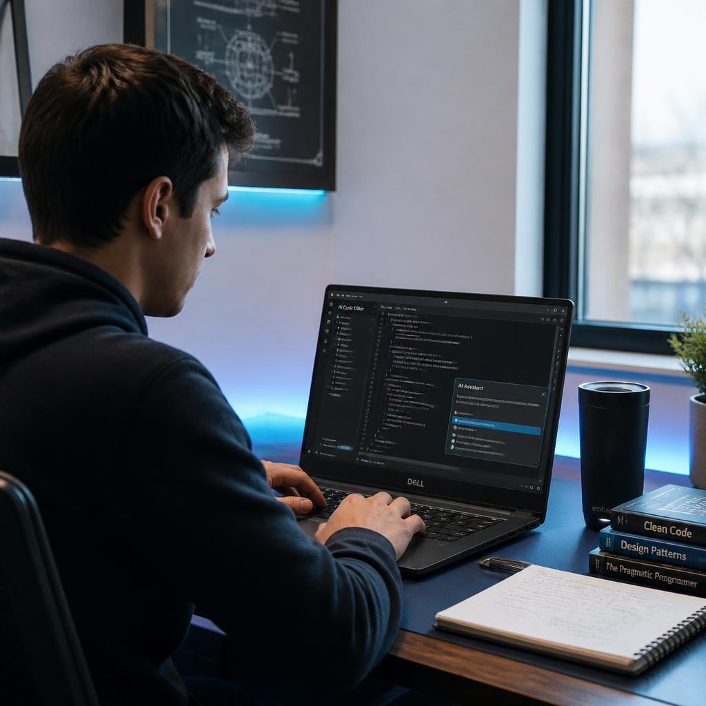 Student coding on a laptop using an AI-powered code editor, natural light, modern desk