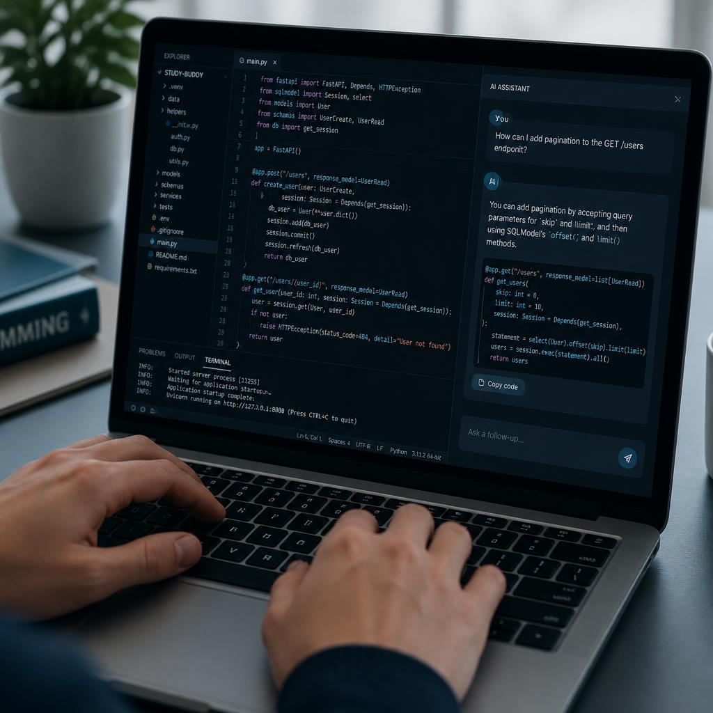 Close-up of a student typing code with an AI chat panel open beside it