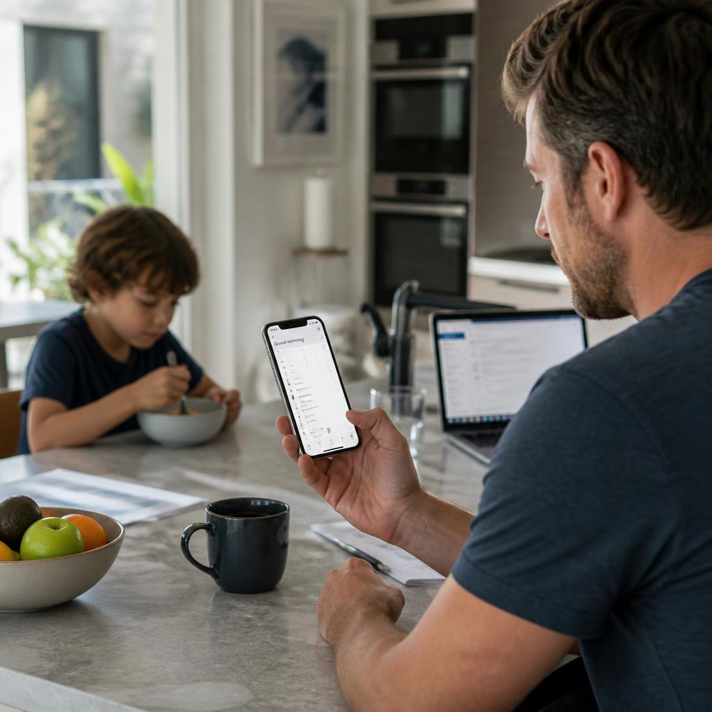 Google CC AI agent morning briefing shown on a smartphone in a family kitchen