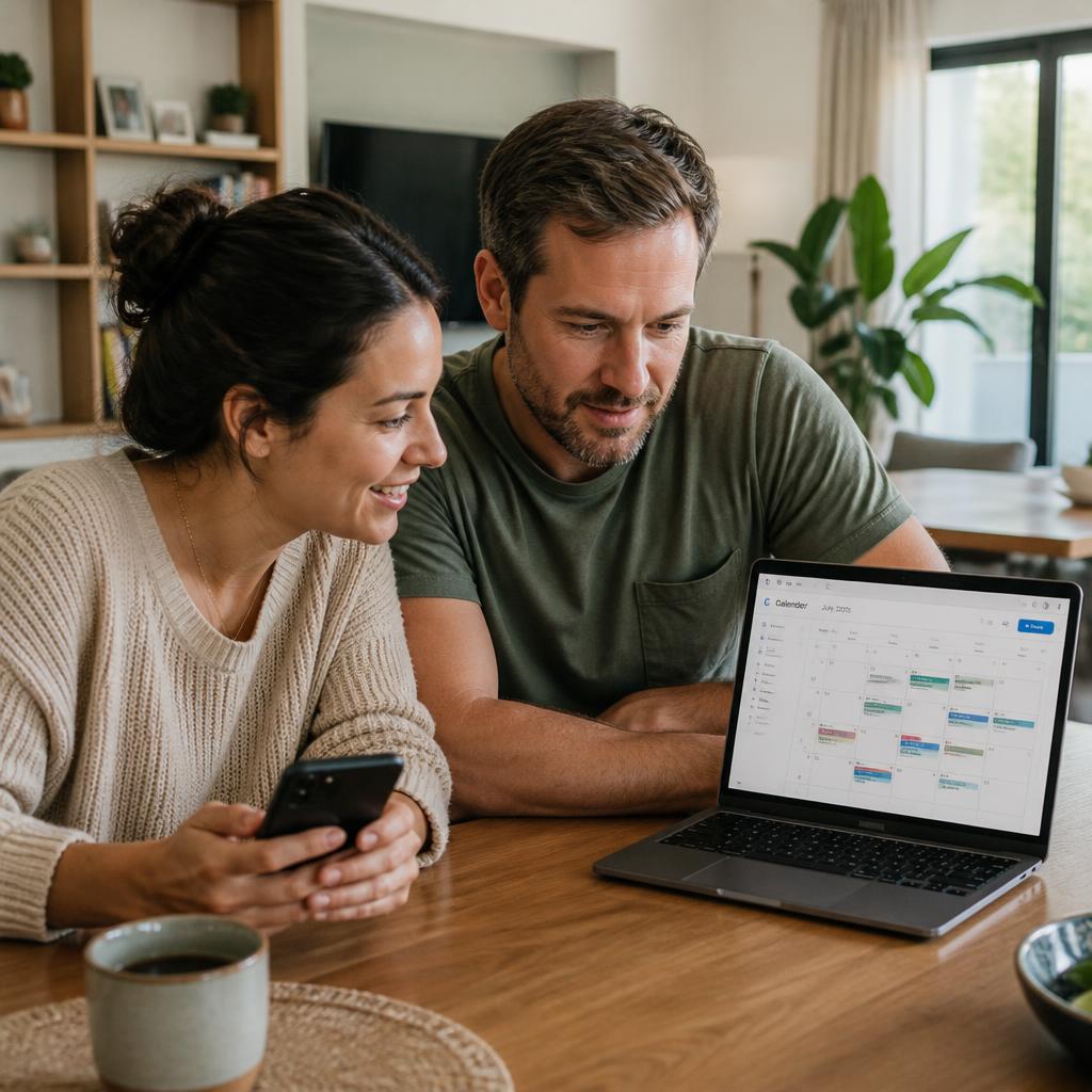 Parents reviewing a shared family calendar organized by the Google CC AI agent