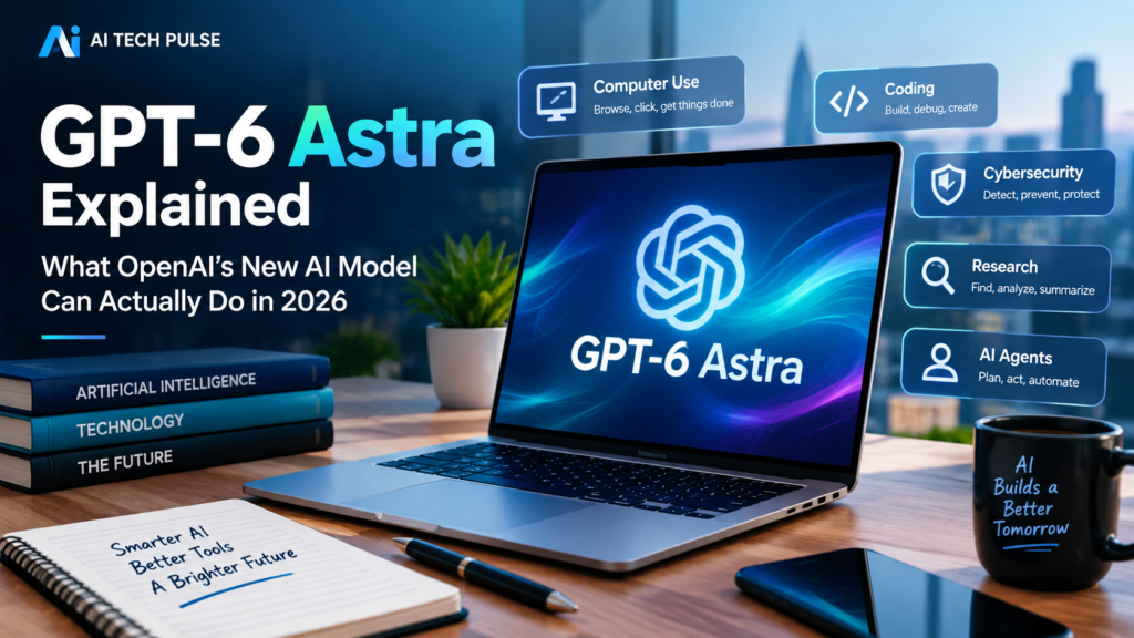 GPT-6 Astra explained with a laptop showing OpenAI's AI model and its key capabilities