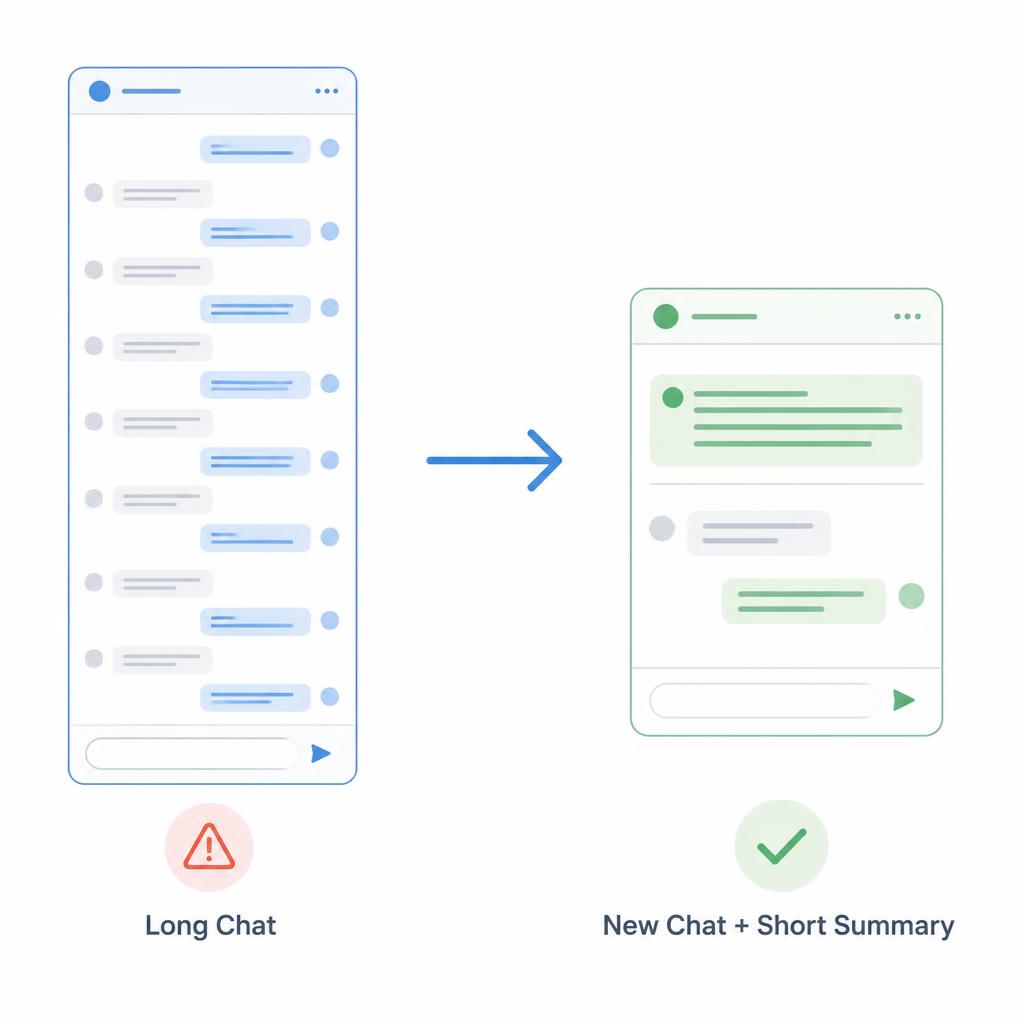 Diagram comparing a long Claude chat with a fresh chat using a short summary