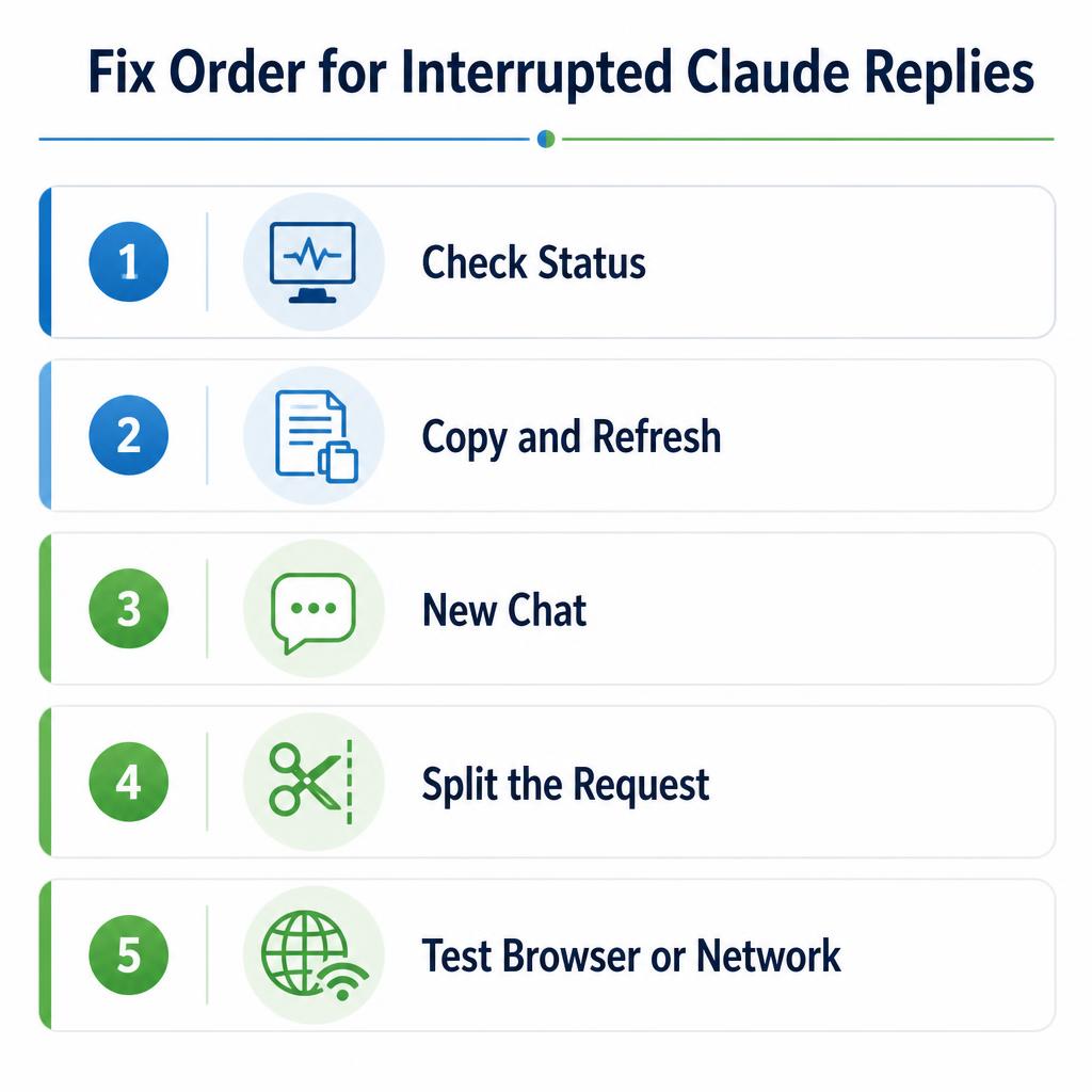 Checklist showing the order of fixes for interrupted Claude responses