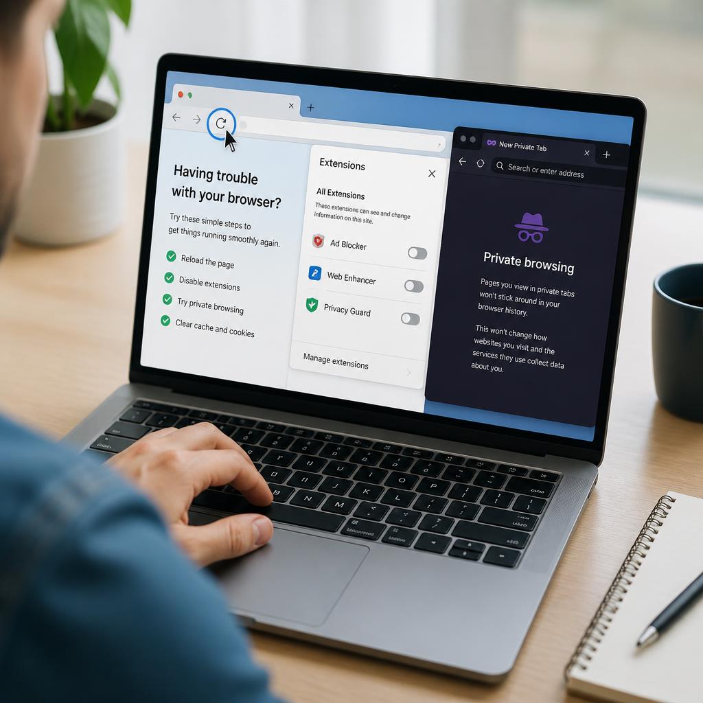 Person troubleshooting a web browser by reloading the page, switching off extensions and opening a private window