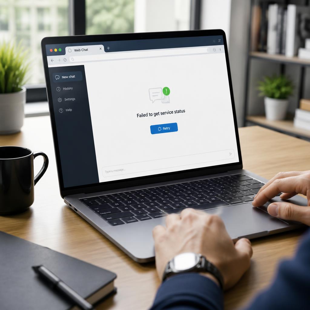 Laptop on a desk showing a chat website in a browser with a "failed to get service status" error message